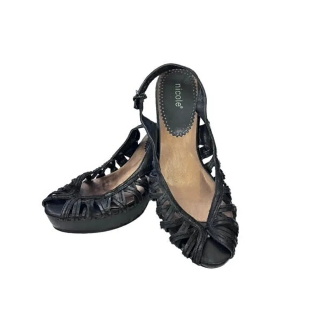 Nicole Black Woven Leather Slingback Wedge Sandals